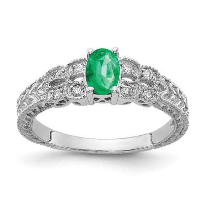 14k White Gold 6x4mm Oval Emerald and 1/10 carat AA Diamond Ring