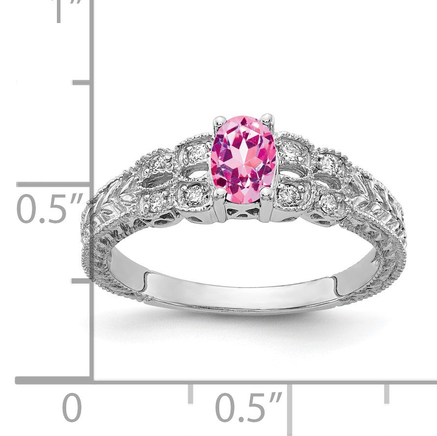 14k White Gold 6x4mm Oval Pink Sapphire and 1/10 carat AA Diamond Ring