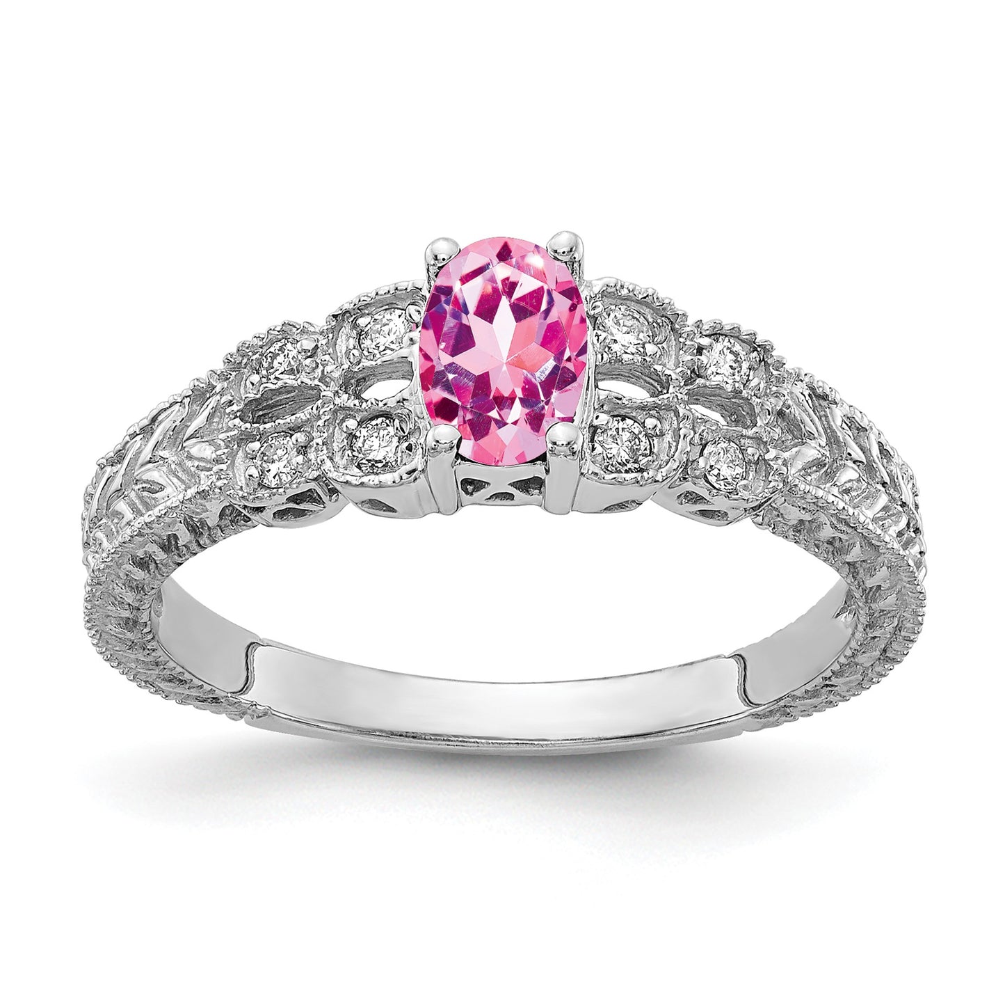 14k White Gold 6x4mm Oval Pink Sapphire and 1/10 carat AA Diamond Ring
