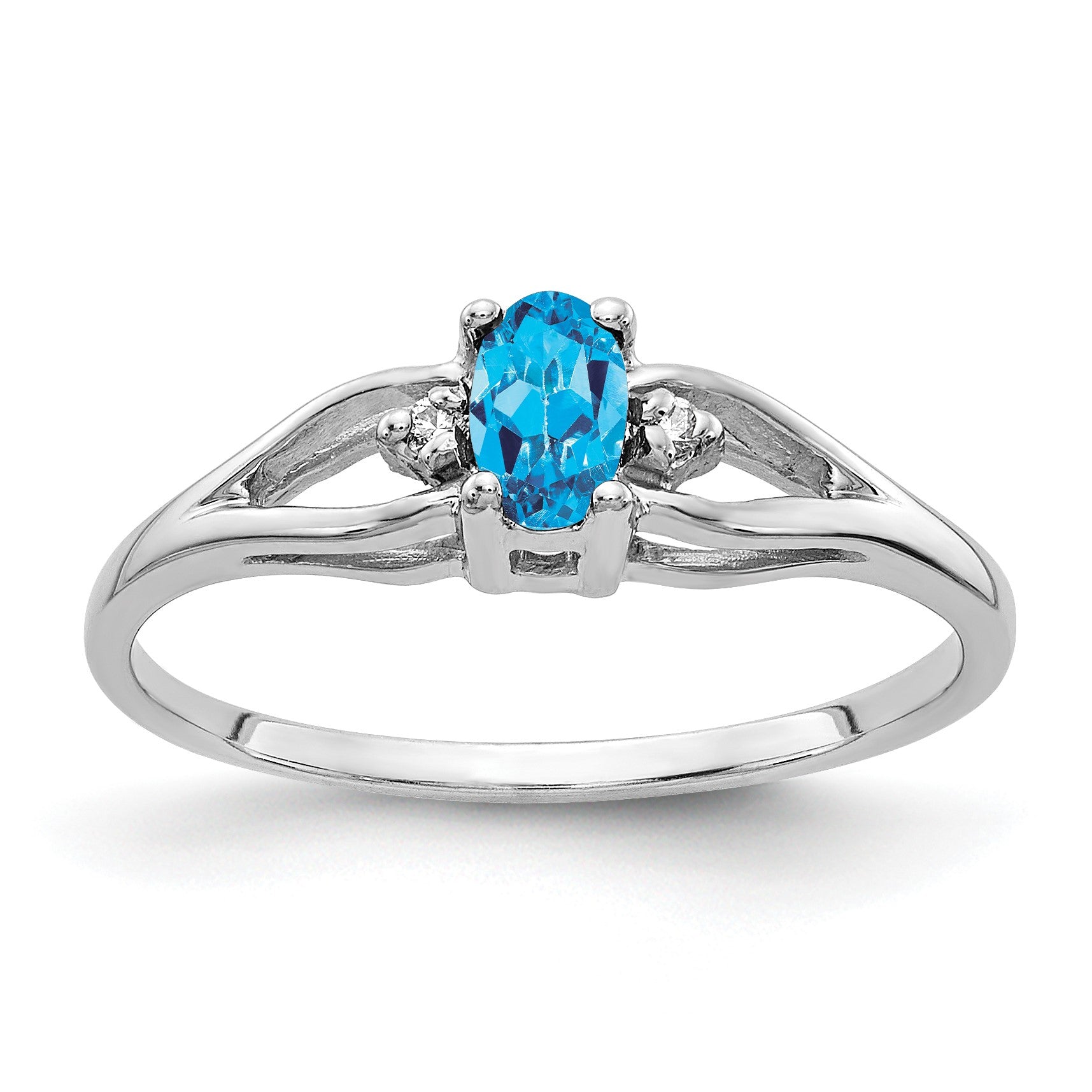 14k White Gold 5x3mm Oval Blue Topaz and AA Diamond Ring