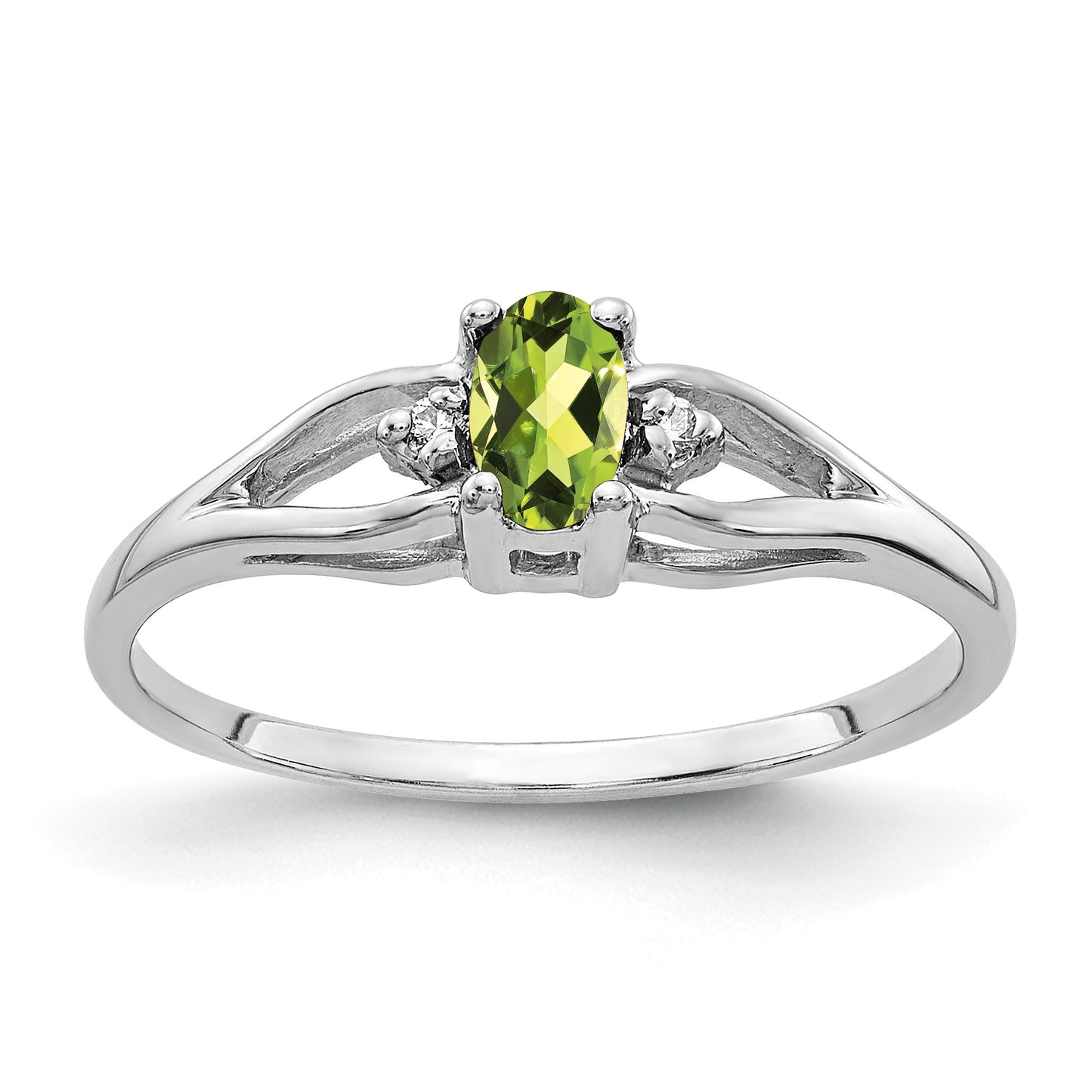14k White Gold 5x3mm Oval Peridot and AA Diamond Ring