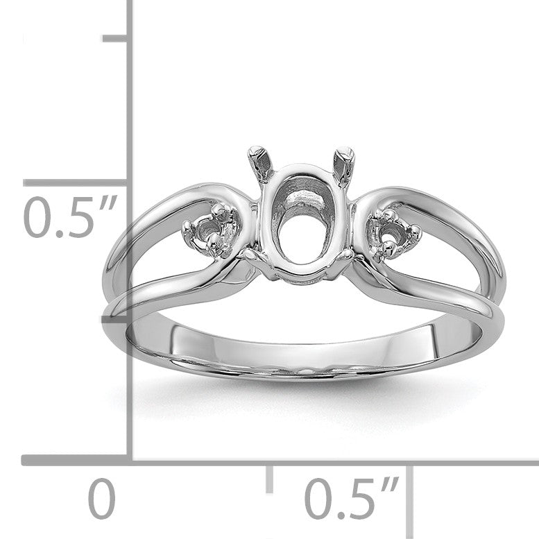 14k White Gold Polished Holds 2-1.6mm Round and 1-6x4 Oval Gemstone Ring Mounting