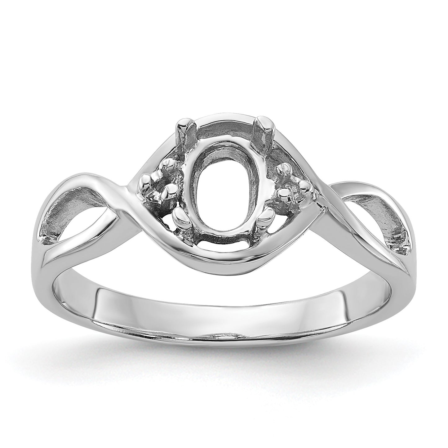 14k White Gold Polished Holds 2-1.4mm Diamond and 1-6x4 Oval Gemstone Ring Mounting