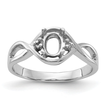 14k White Gold Polished Holds 2-1.4mm Diamond and 1-6x4 Oval Gemstone Ring Mounting