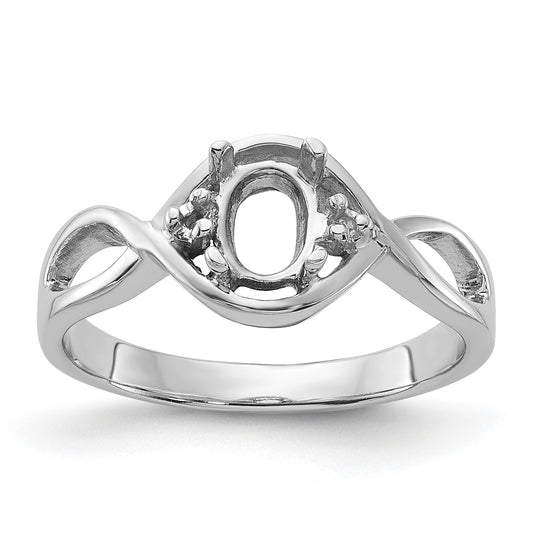 14k White Gold Polished Holds 2-1.4mm Diamond and 1-6x4 Oval Gemstone Ring Mounting
