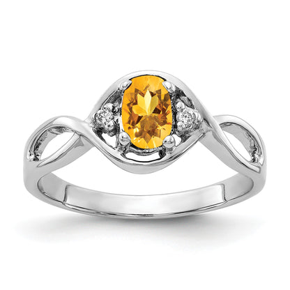 14k White Gold 6x4mm Oval Citrine and AA Diamond Ring