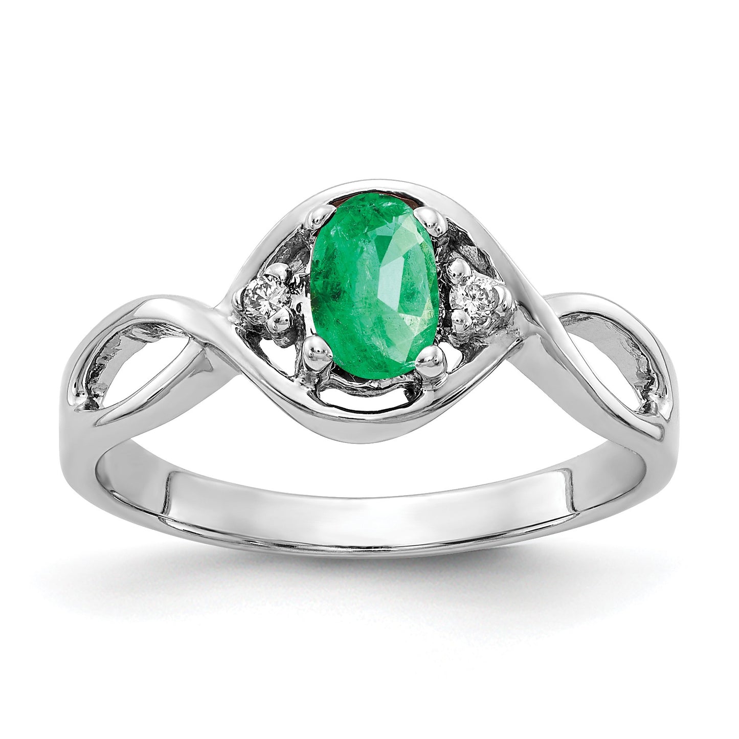 14k White Gold 6x4mm Oval Emerald and AA Diamond Ring