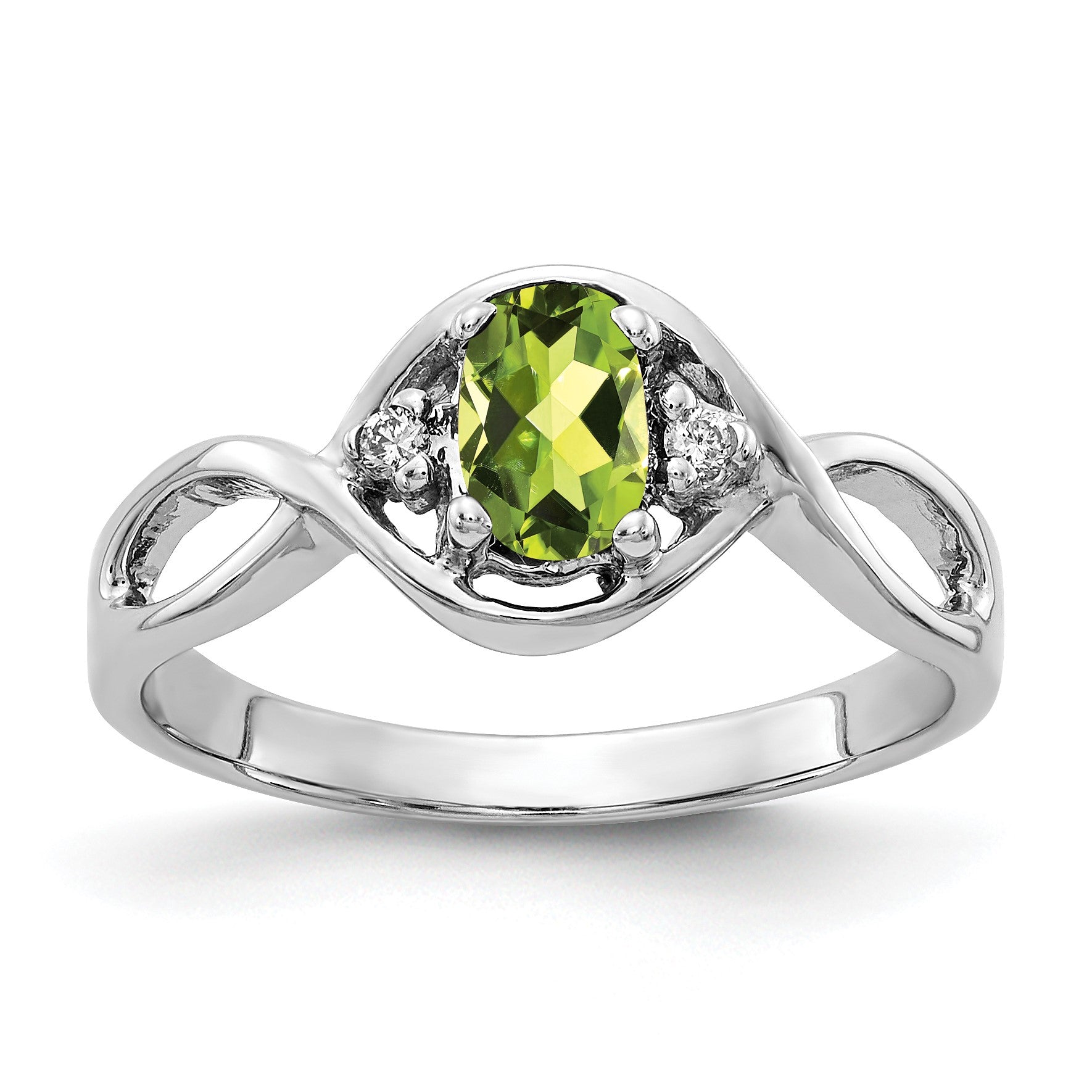 14k White Gold 6x4mm Oval Peridot and AA Diamond Ring