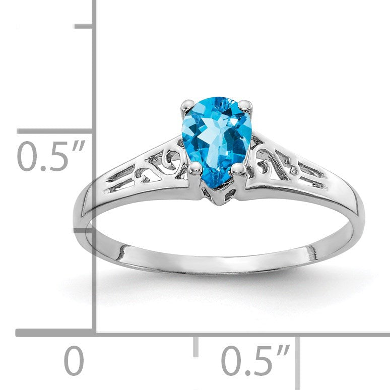 14k White Gold 6x4mm Pear Blue Topaz Filigree Ring