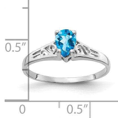 14k White Gold 6x4mm Pear Blue Topaz Filigree Ring