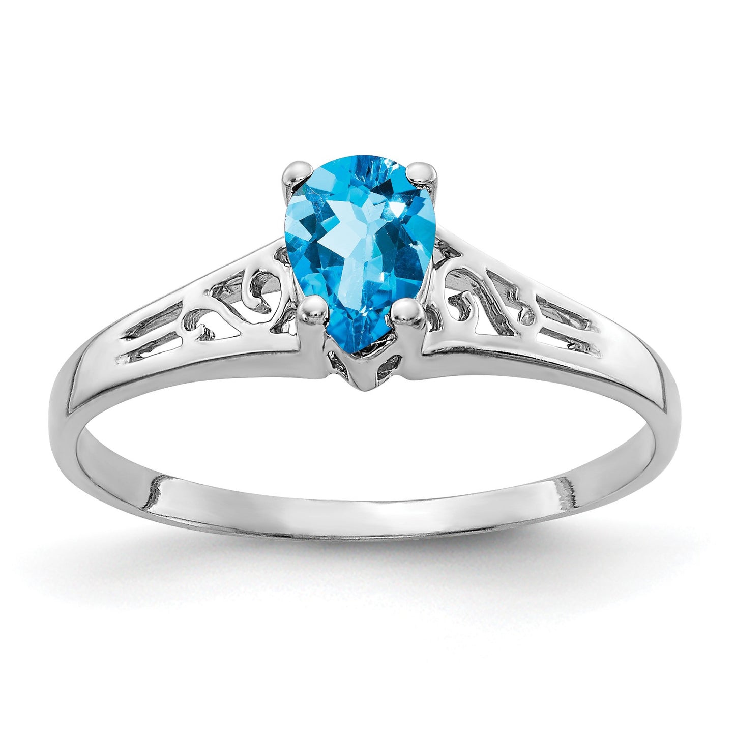 14k White Gold 6x4mm Pear Blue Topaz Filigree Ring