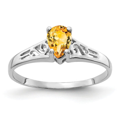 14k White Gold 6x4mm Pear Citrine Filigree Ring
