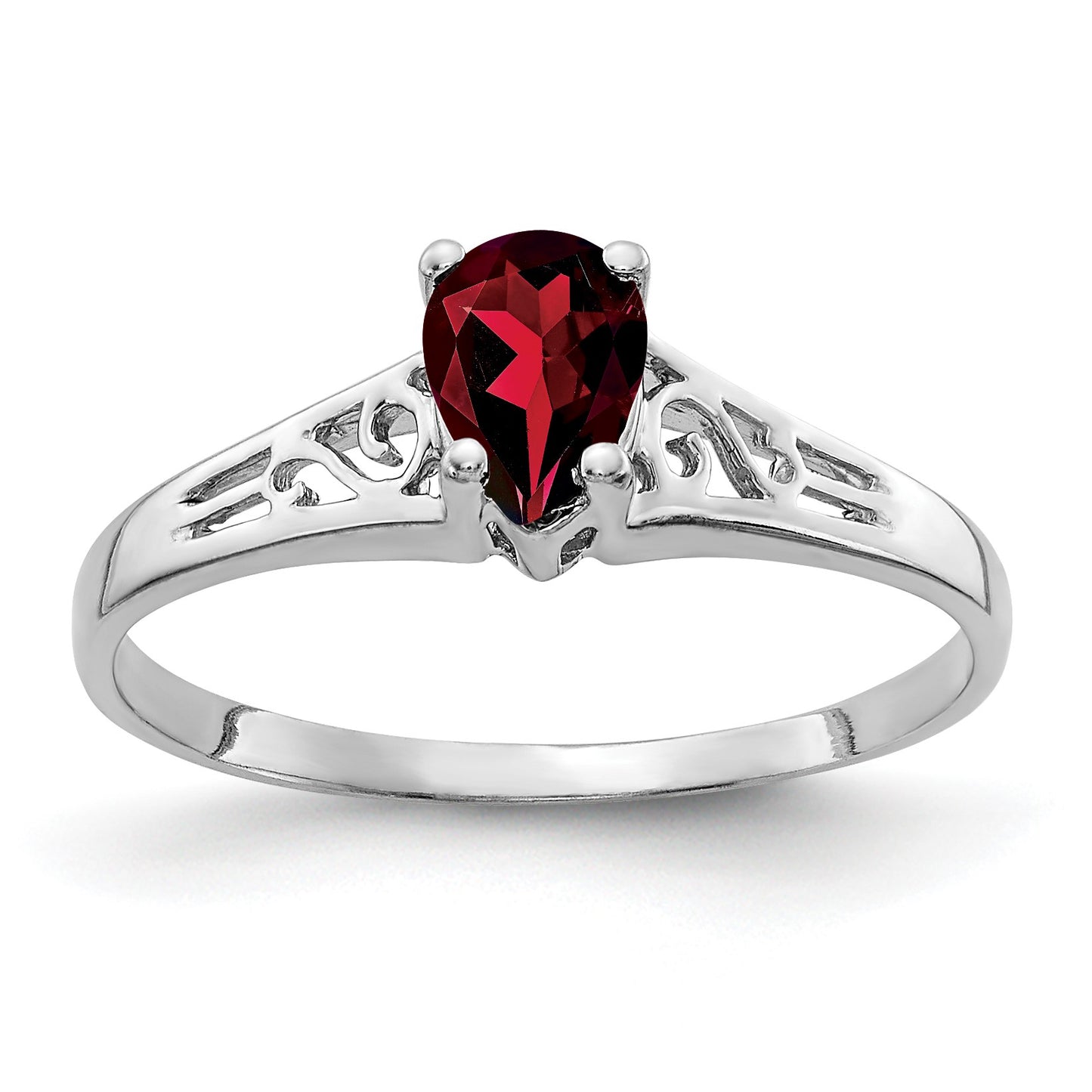 14k White Gold 6x4mm Pear Garnet Filigree Ring