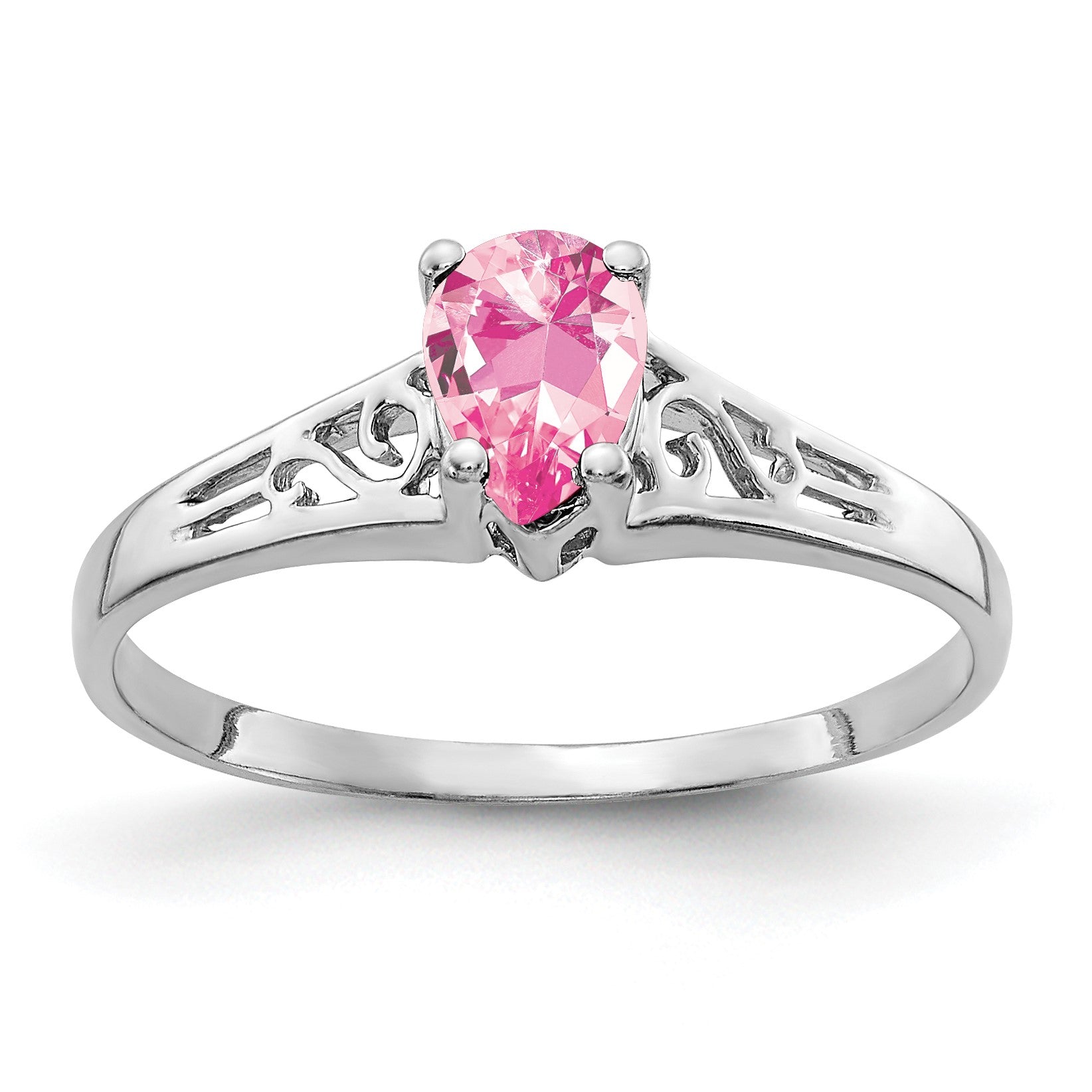 14k White Gold 6x4mm Pear Pink Tourmaline Filigree Ring
