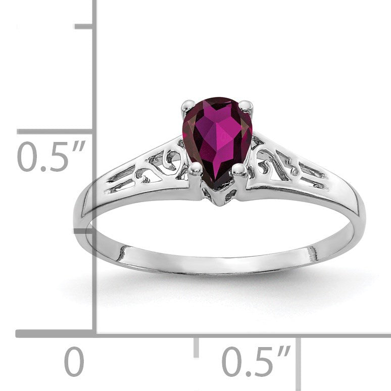 14k White Gold 6x4mm Pear Rhodolite Garnet Filigree Ring