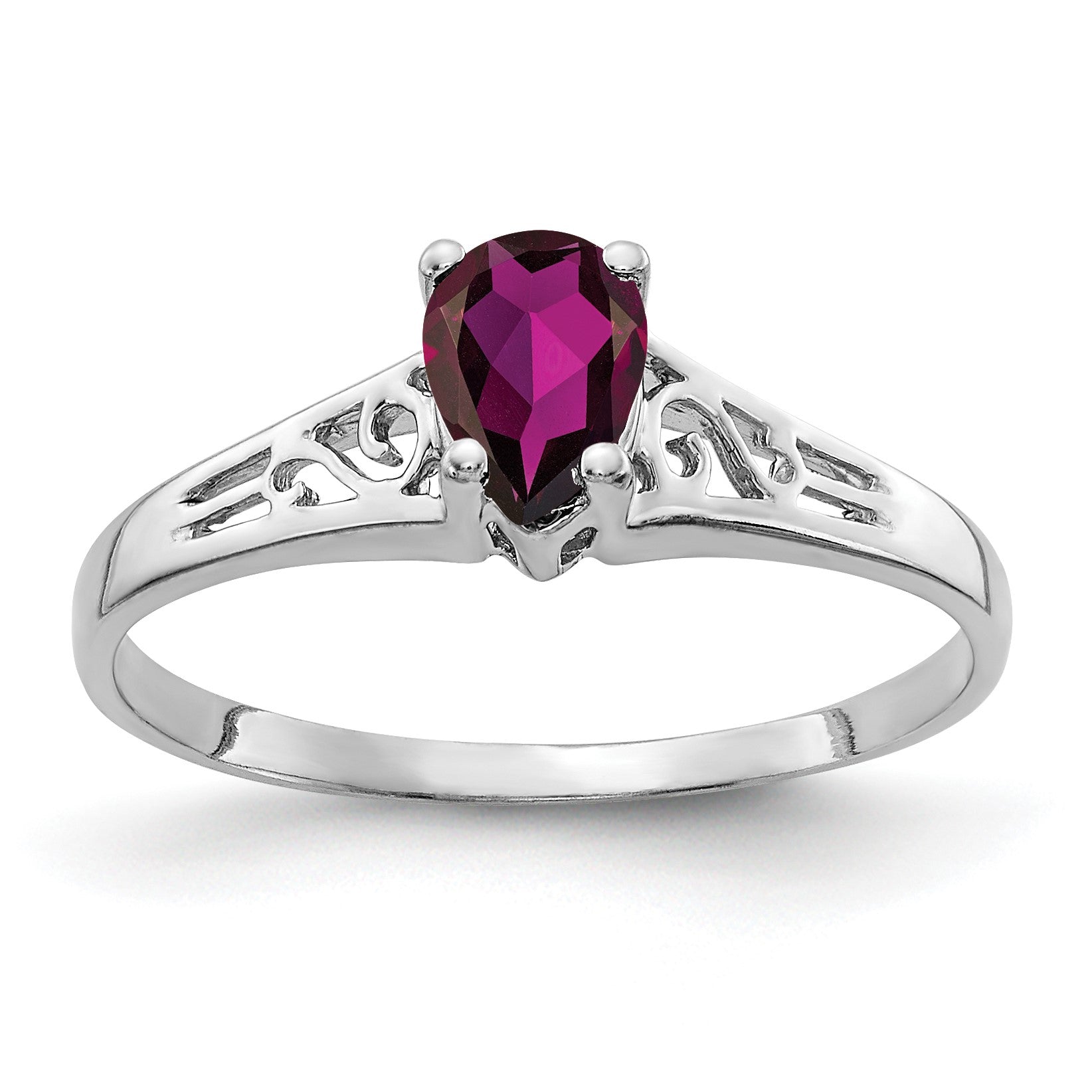 14k White Gold 6x4mm Pear Rhodolite Garnet Filigree Ring