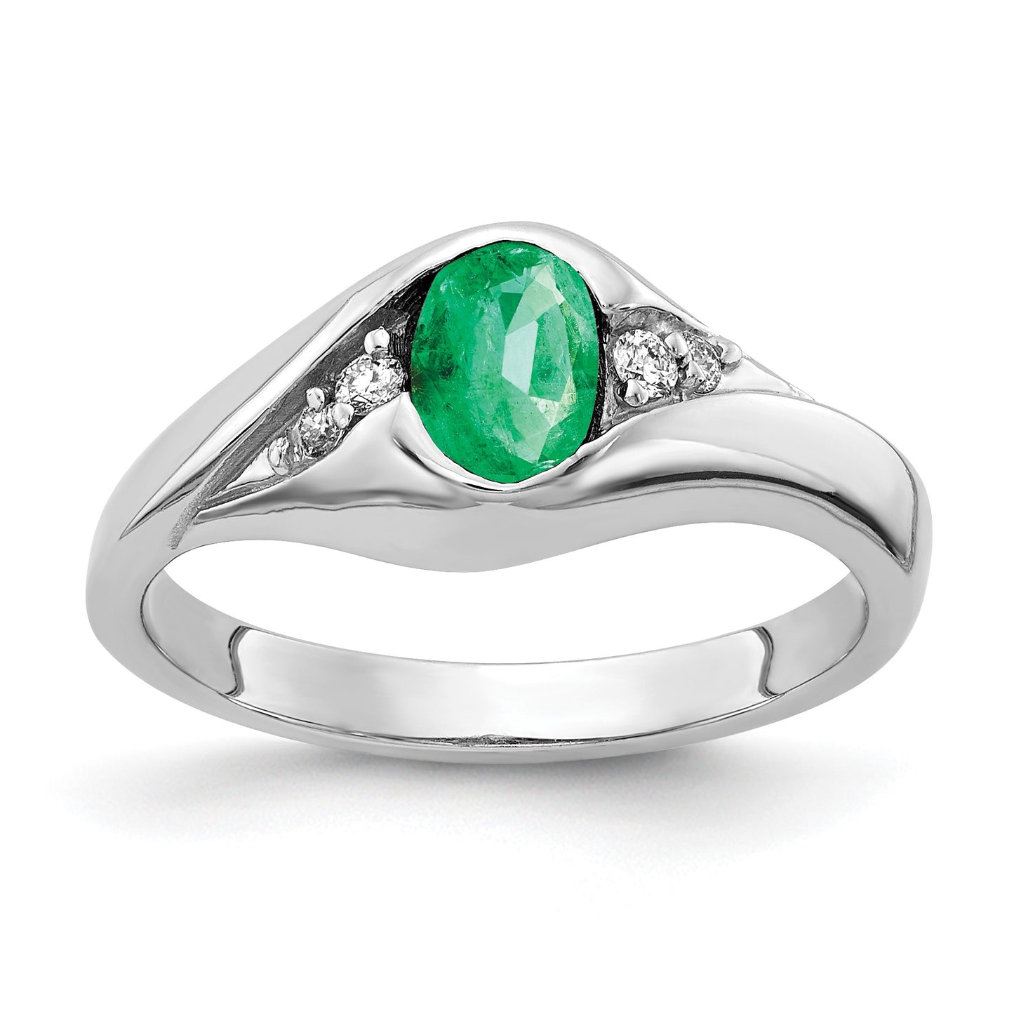 14k White Gold 6x4mm Oval Emerald and AA Diamond Ring