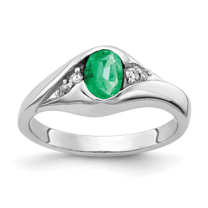 14k White Gold 6x4mm Oval Emerald and AA Diamond Ring