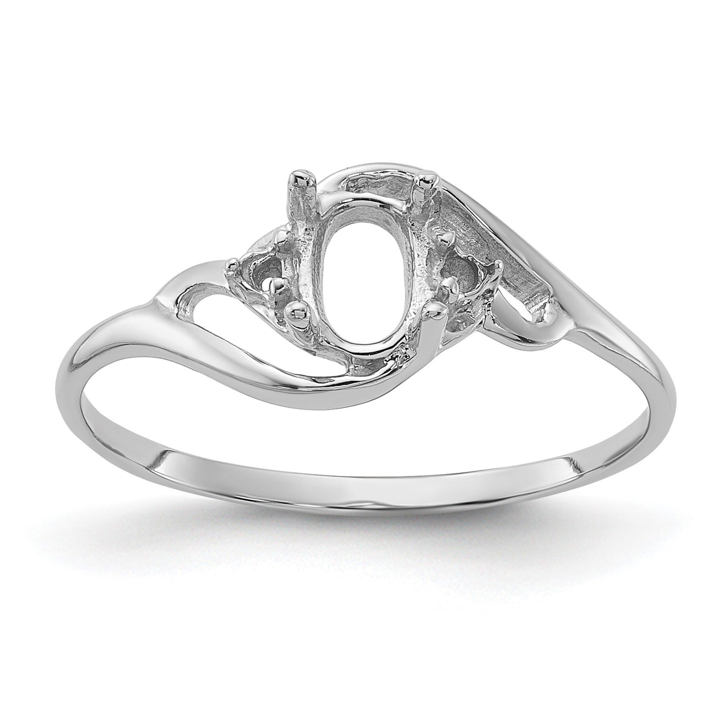 14k White Gold Holds 2-1.6mm Diamond and 1-6x4mm Oval Gemstone Ring Mounting