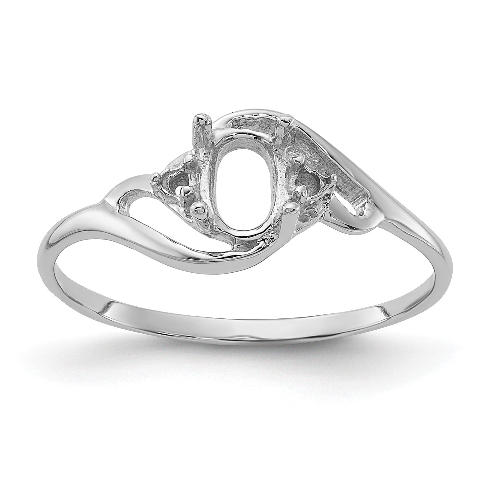 14k White Gold Holds 2-1.6mm Diamond and 1-6x4mm Oval Gemstone Ring Mounting