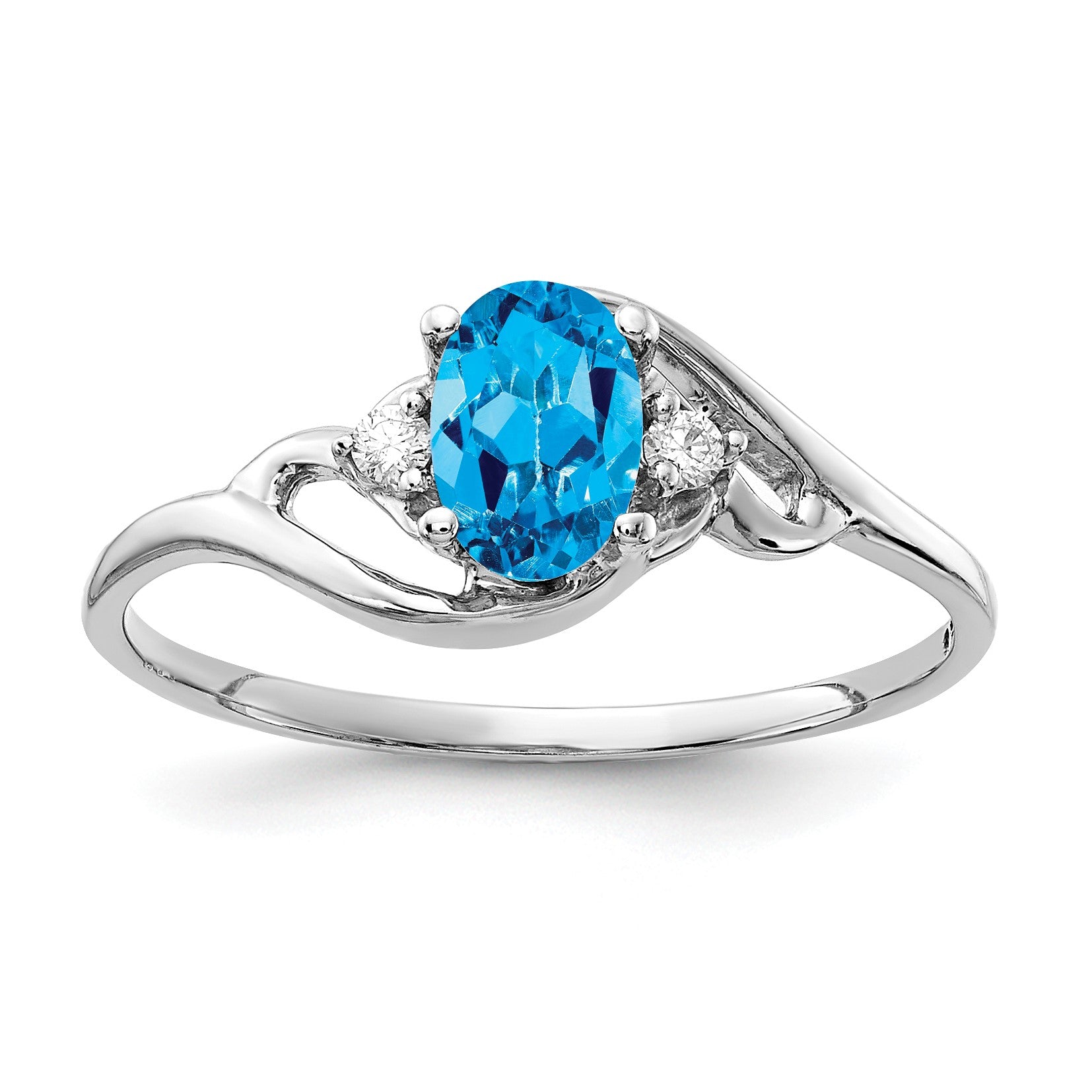 14k White Gold 6x4mm Oval Blue Topaz and AA Diamond Ring