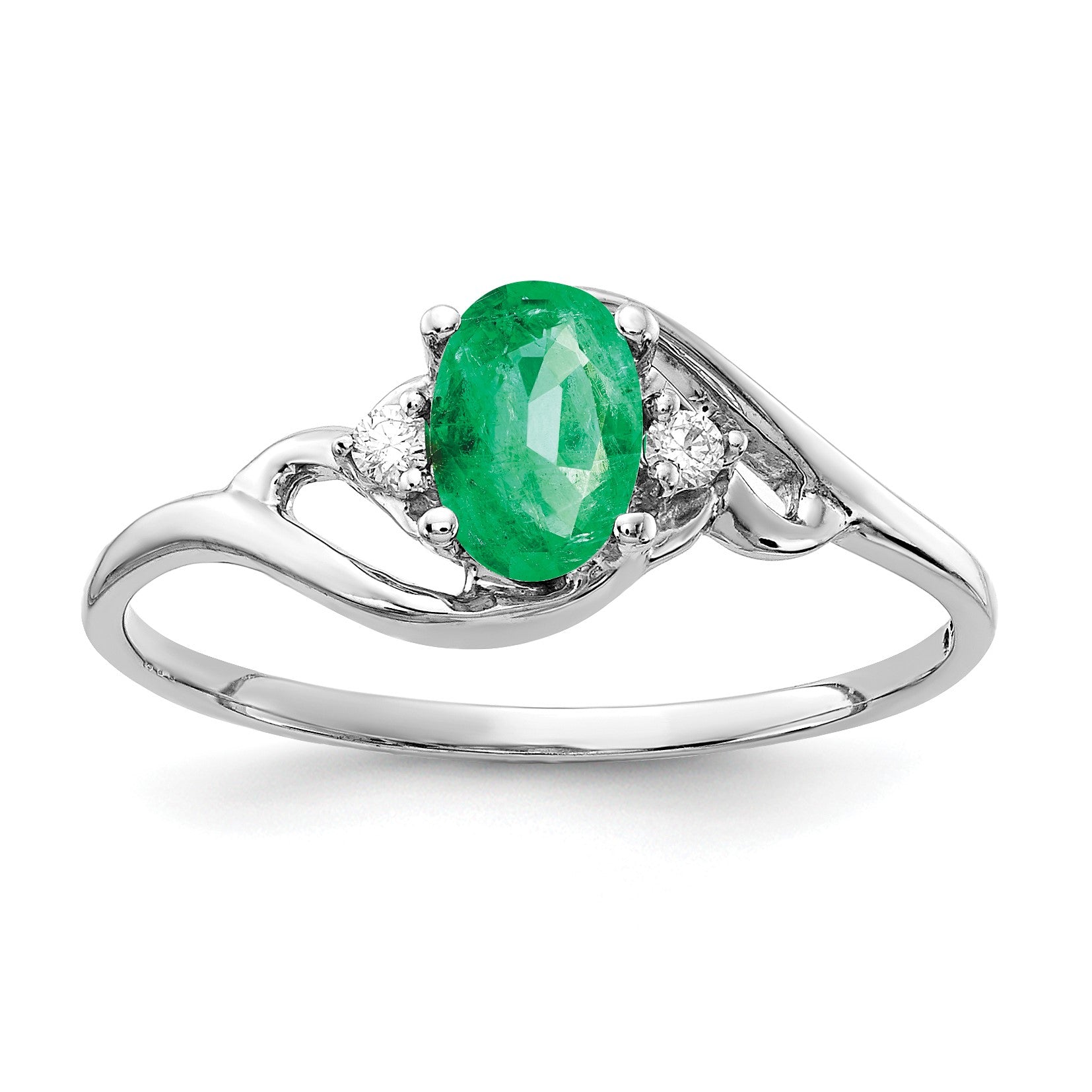 14k White Gold 6x4mm Oval Emerald and AA Diamond Ring