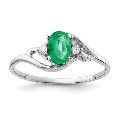 14k White Gold 6x4mm Oval Emerald and AA Diamond Ring