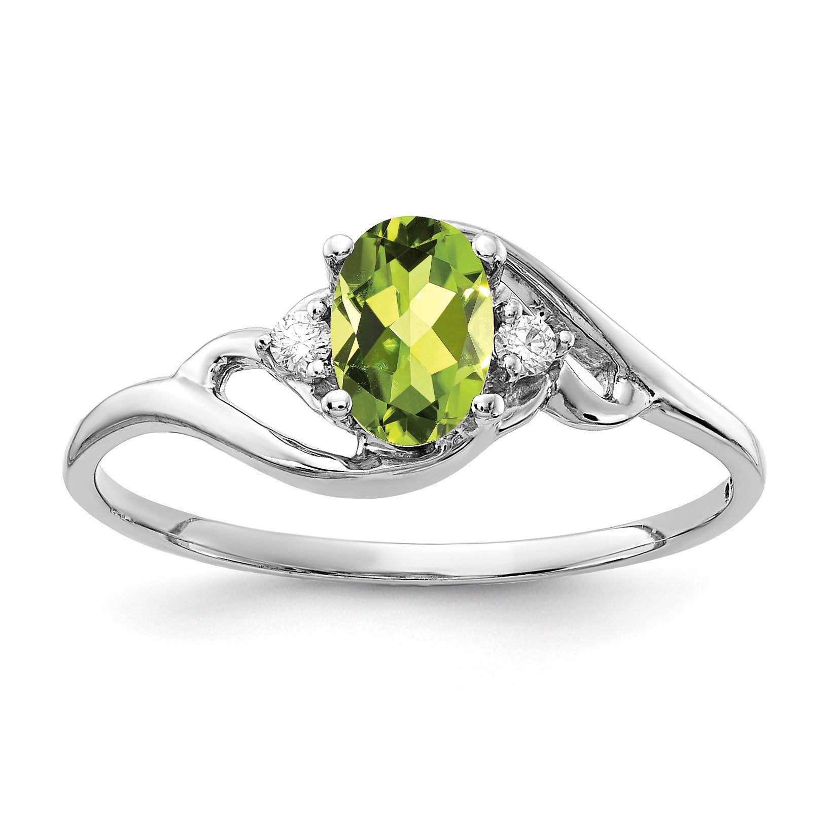 14k White Gold 6x4mm Oval Peridot and AA Diamond Ring