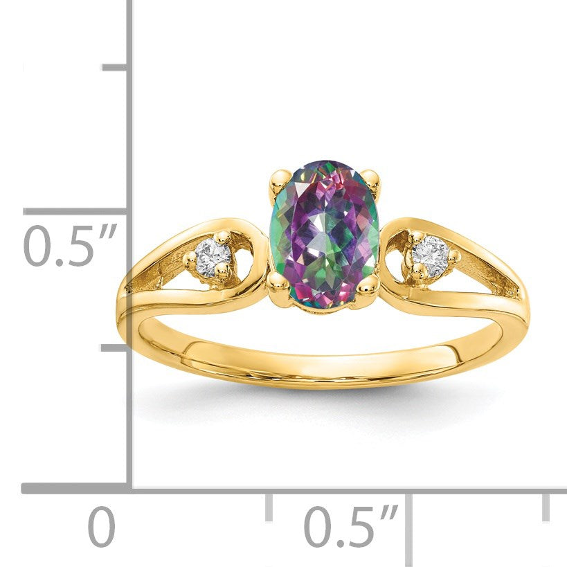 14k 7x5mm Oval Mystic Fire Topaz and1/20 carat AA Diamond Ring
