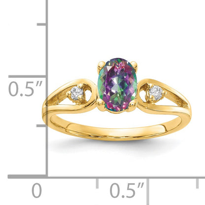 14k 7x5mm Oval Mystic Fire Topaz and1/20 carat AA Diamond Ring