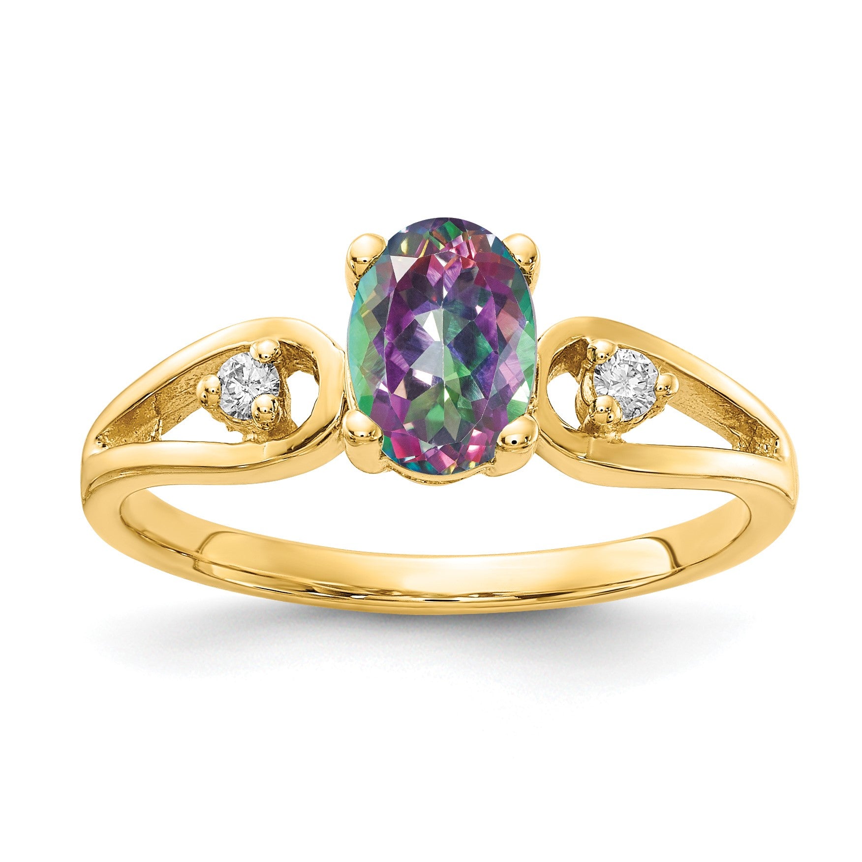 14k 7x5mm Oval Mystic Fire Topaz and1/20 carat AA Diamond Ring