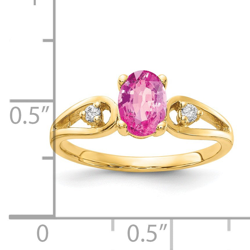 14k 7x5mm Oval Pink Sapphire and1/20 carat AA Diamond Ring