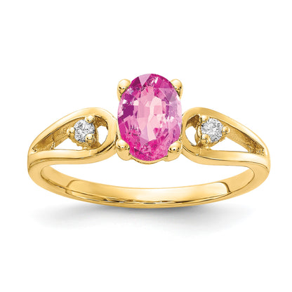 14k 7x5mm Oval Pink Sapphire and1/20 carat AA Diamond Ring