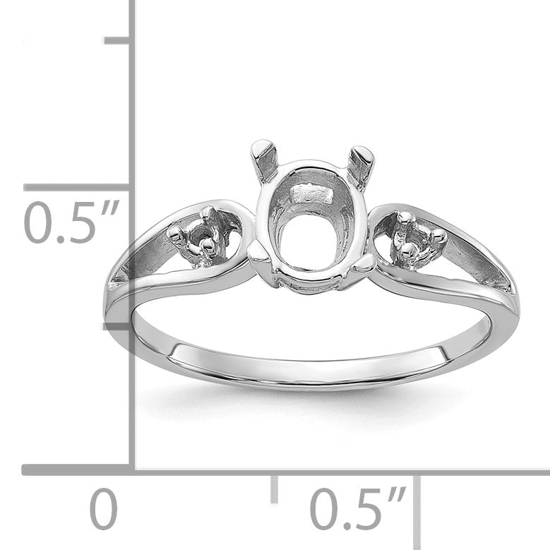 14k White Gold Polished Holds 2-1.8mm Diamond and 1-7x5 Oval Gemstone Ring Mounting