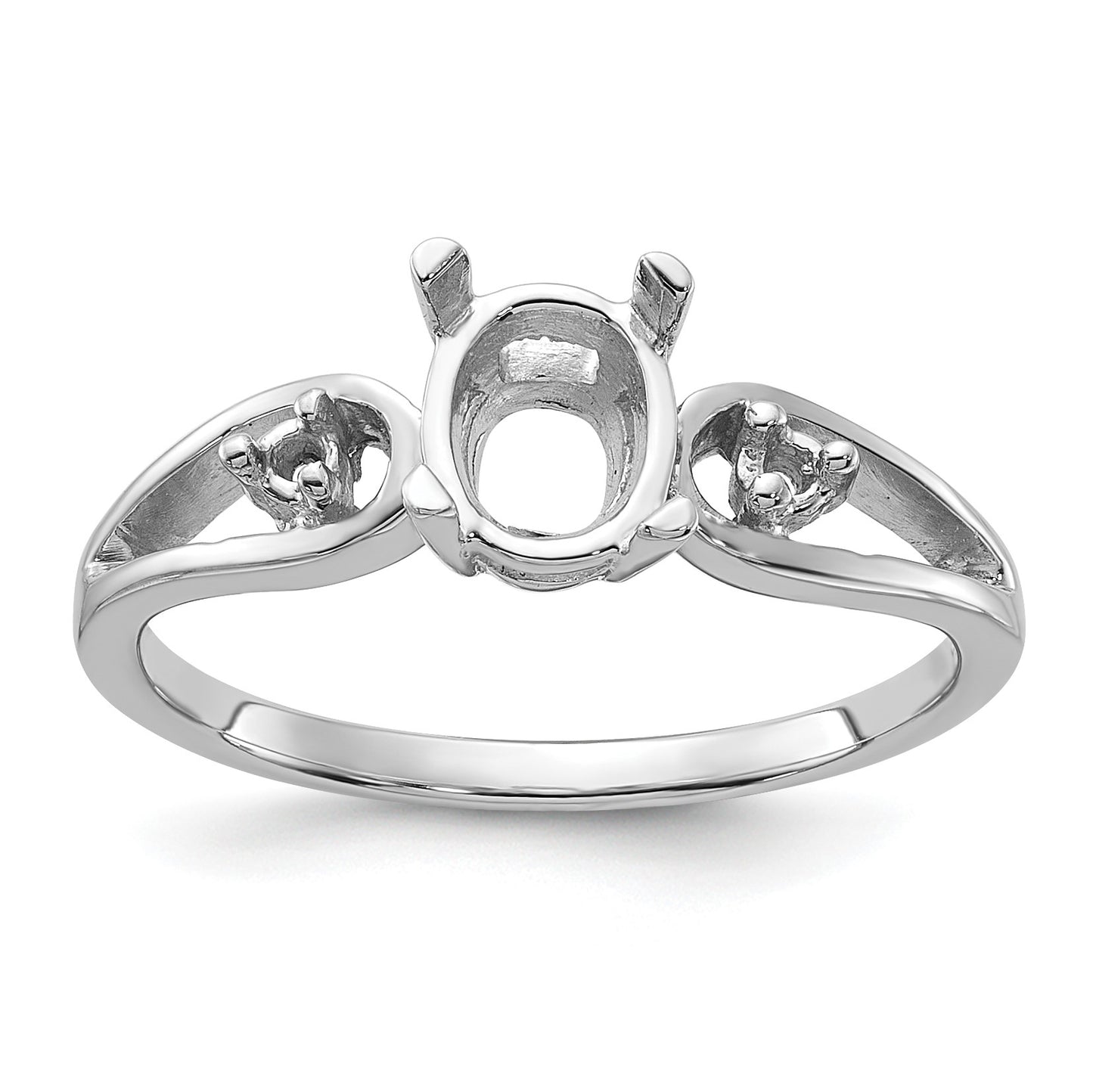 14k White Gold Polished Holds 2-1.8mm Diamond and 1-7x5 Oval Gemstone Ring Mounting