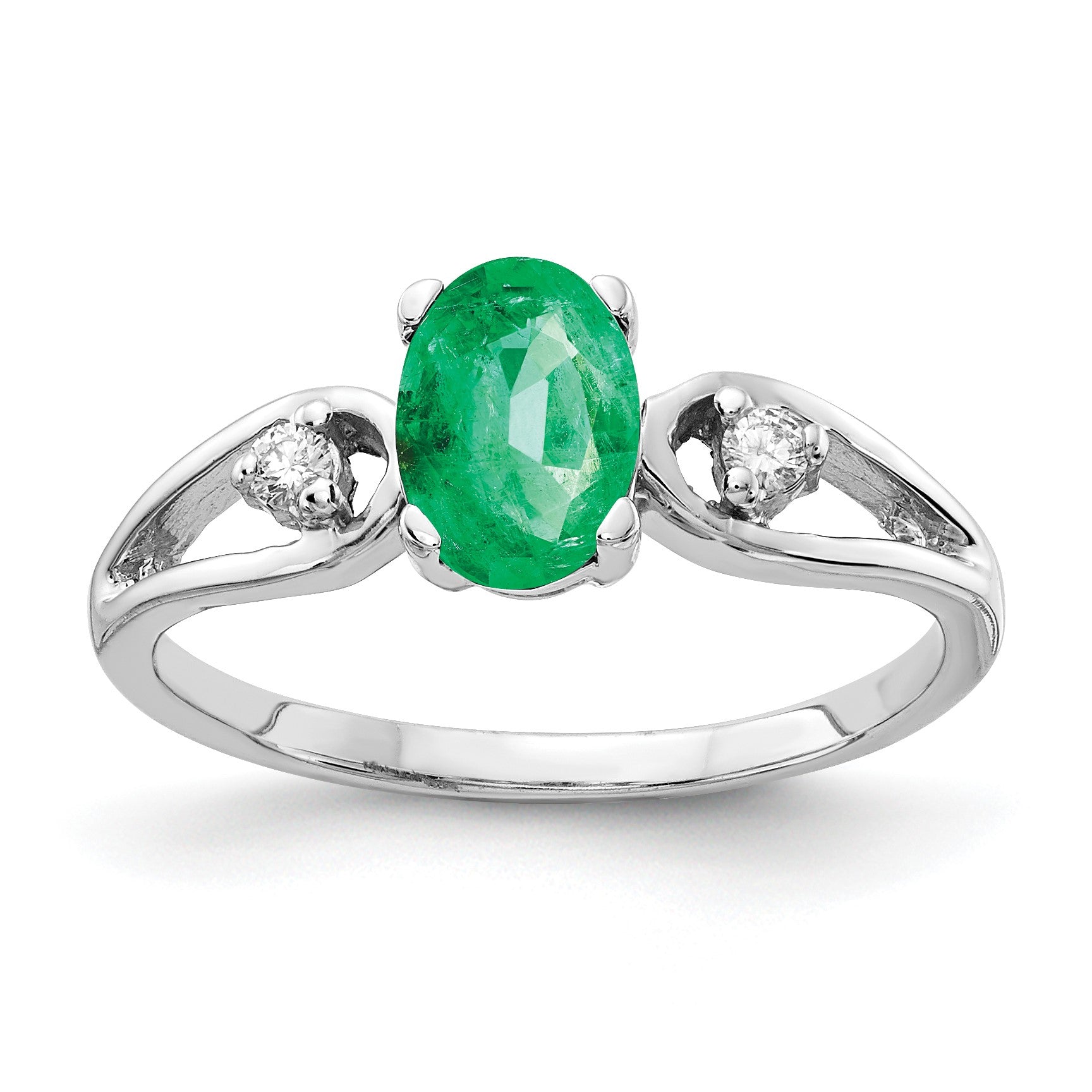 14k White Gold 7x5mm Oval Emerald and 1/20 carat AA Diamond Ring