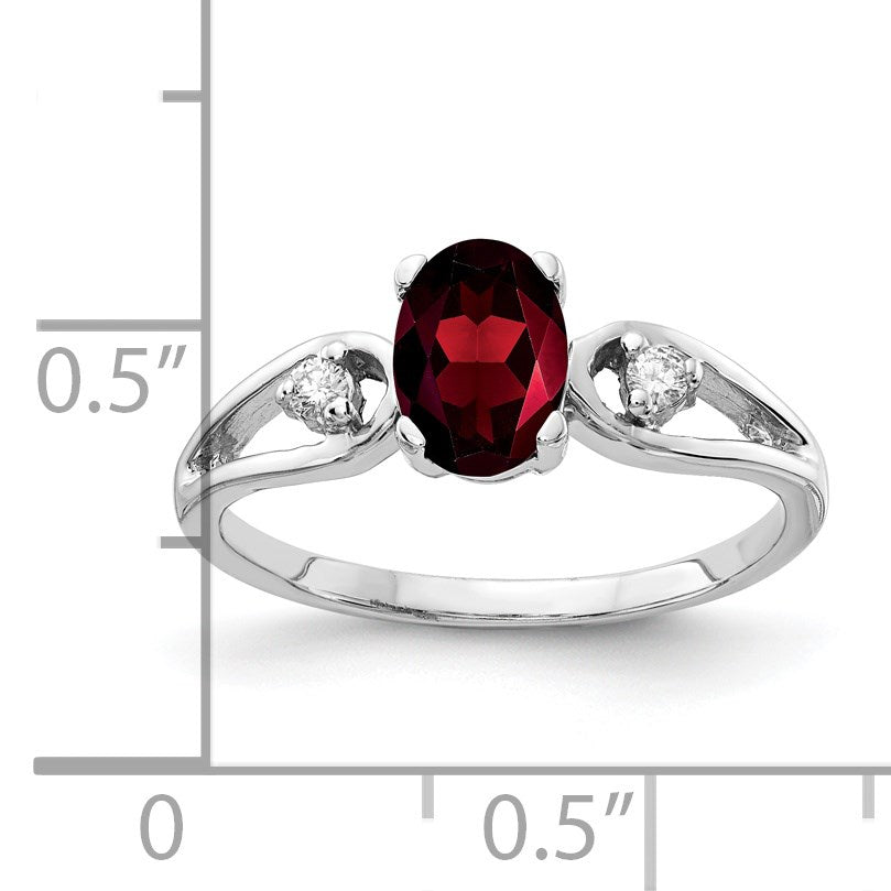 14k White Gold 7x5mm Oval Garnet and 1/20 carat AA Diamond Ring
