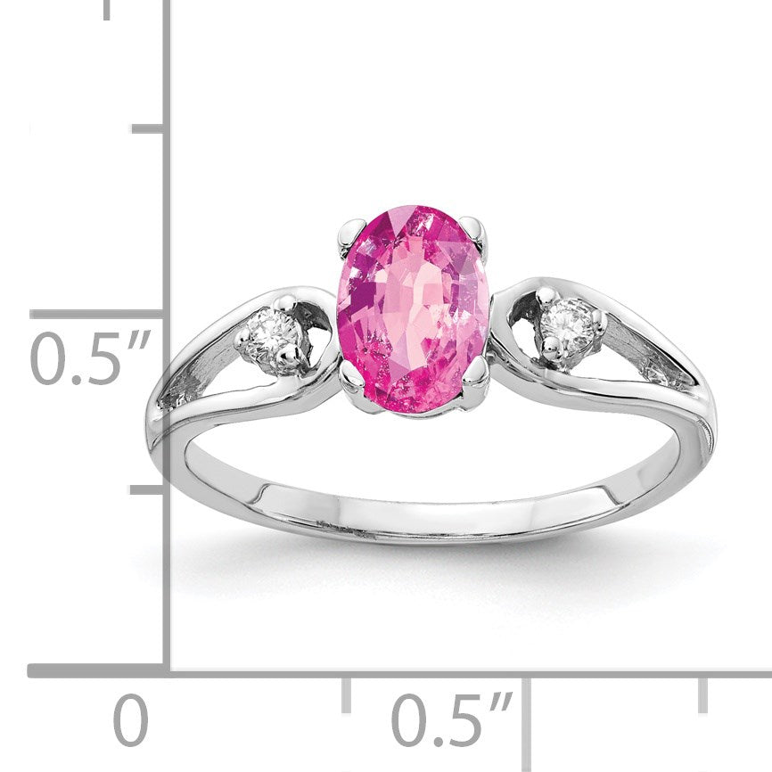 14k White Gold 7x5mm Oval Pink Sapphire and 1/20 carat AA Diamond Ring