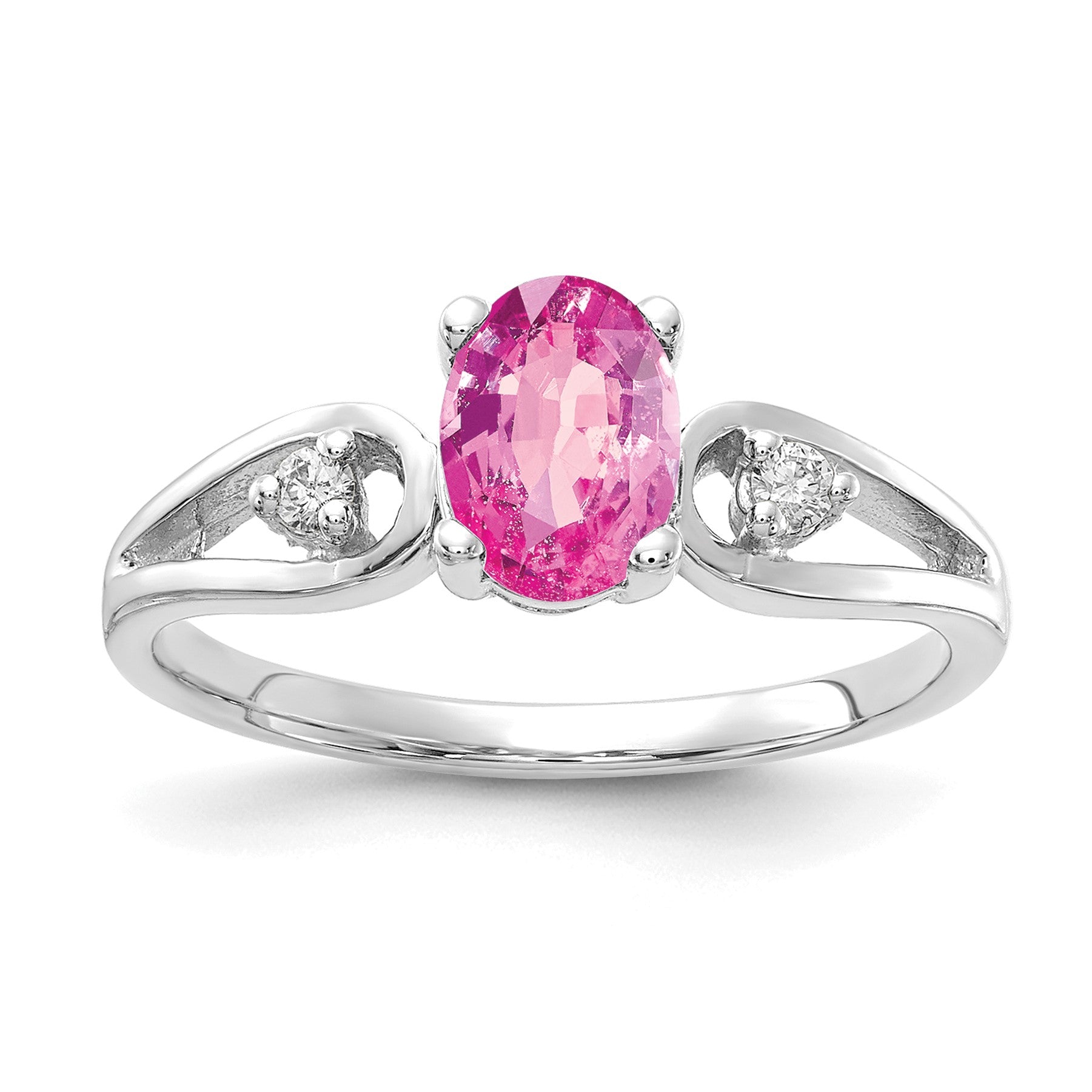 14k White Gold 7x5mm Oval Pink Sapphire and 1/20 carat AA Diamond Ring