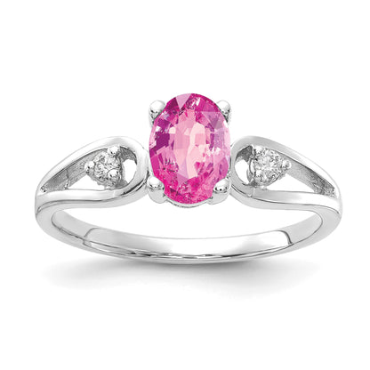 14k White Gold 7x5mm Oval Pink Sapphire and 1/20 carat AA Diamond Ring