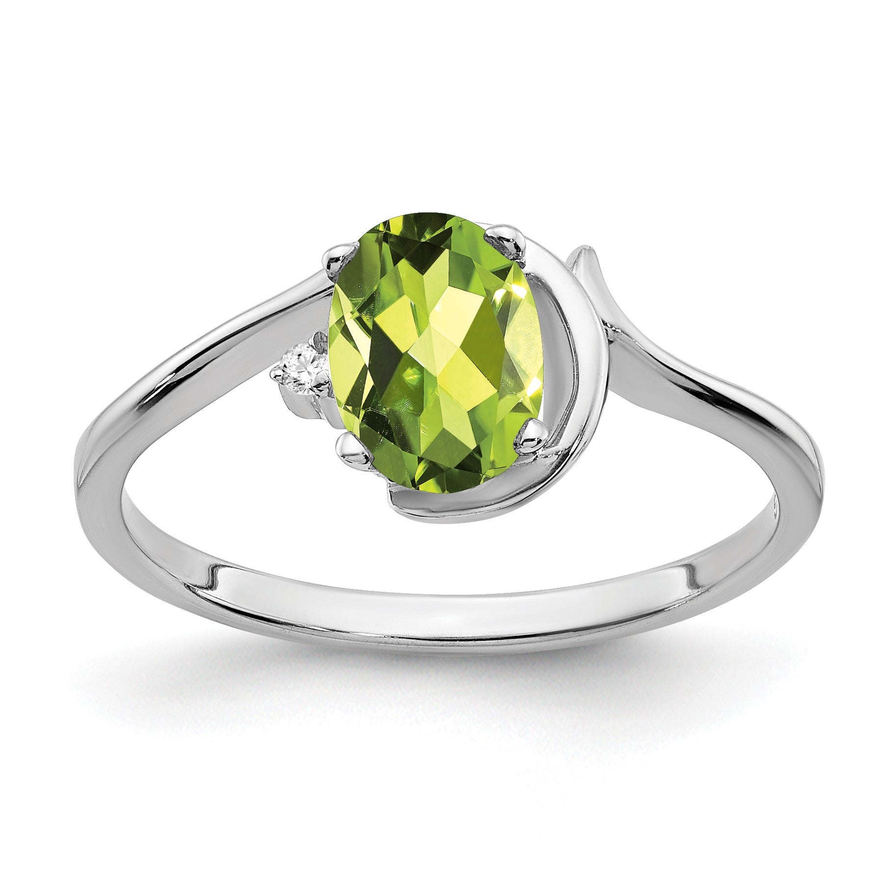 14k White Gold 7x5mm Oval Peridot and AA Diamond Ring