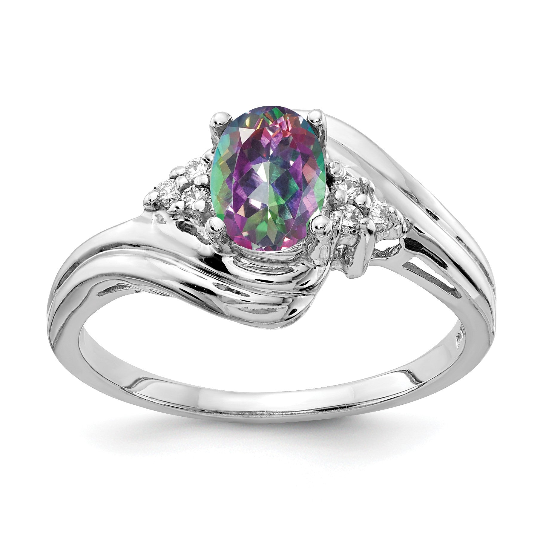 14k White Gold 7x5mm Oval Mystic Fire Topaz and 1/20 carat AA Diamond Ring