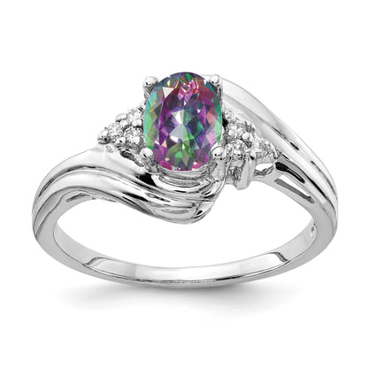 14k White Gold 7x5mm Oval Mystic Fire Topaz and 1/20 carat AA Diamond Ring