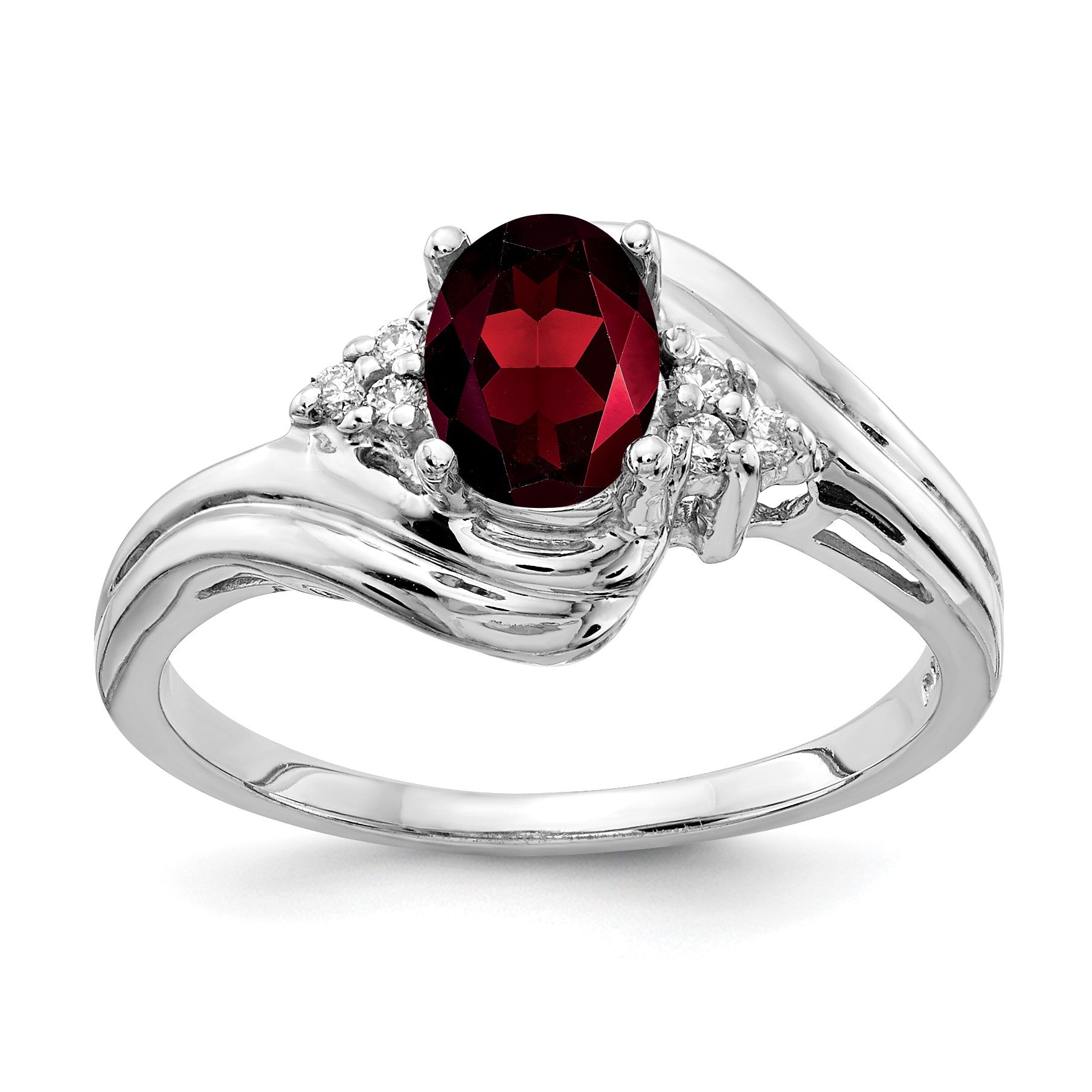 14k White Gold 7x5mm Oval Garnet and 1/20 carat AA Diamond Ring