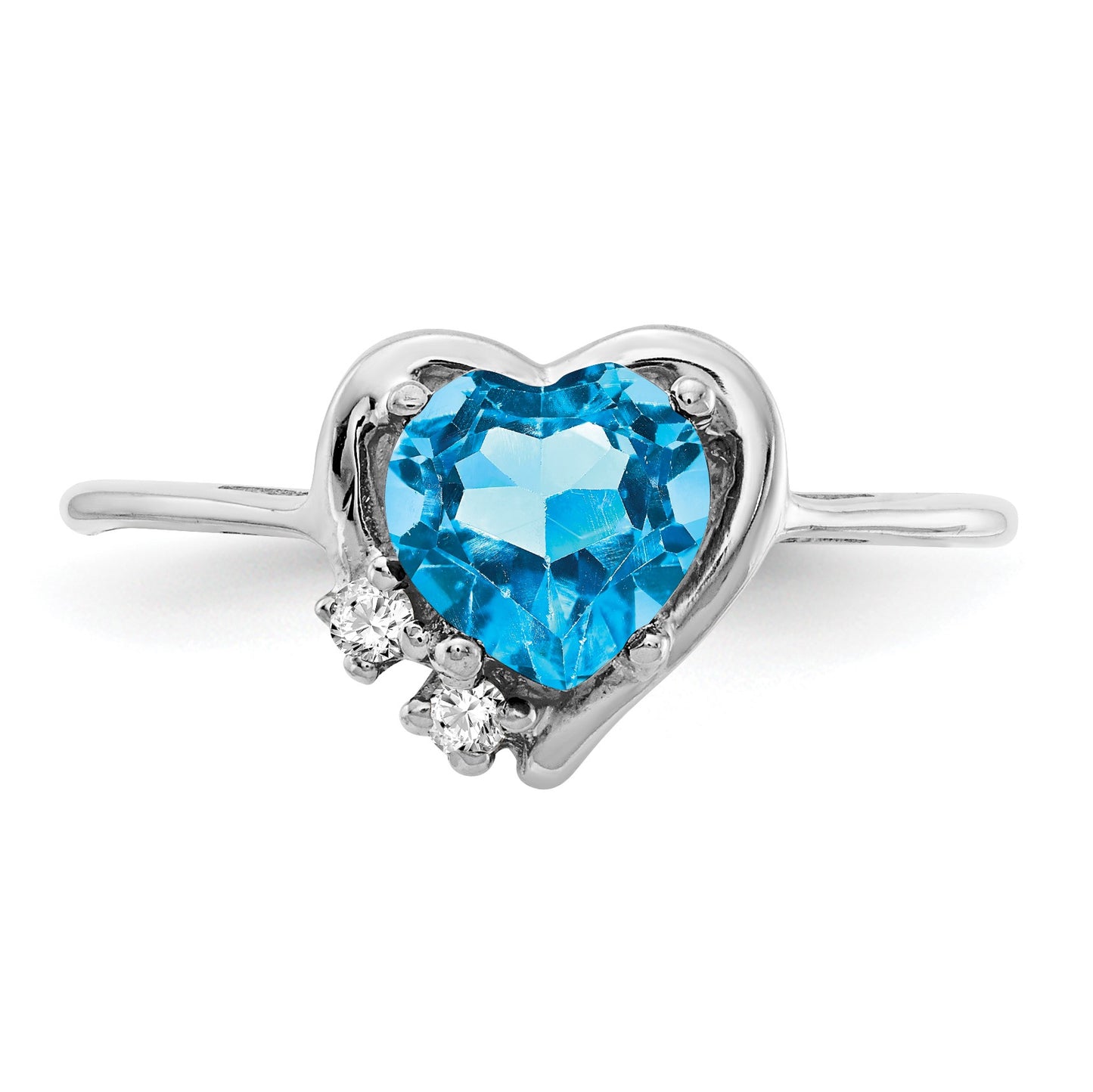 14k White Gold 6mm Heart Blue Topaz and AA Diamond Ring