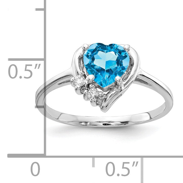 14k White Gold 6mm Heart Blue Topaz and AA Diamond Ring
