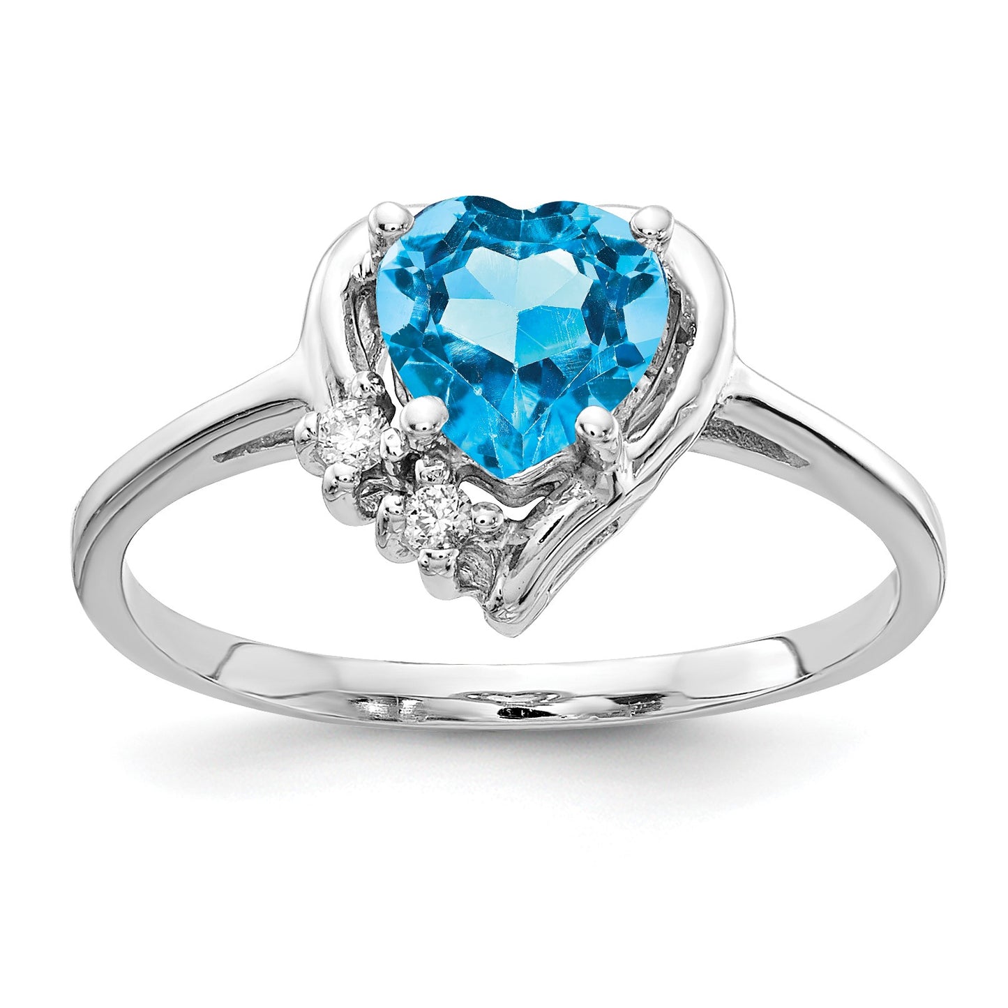 14k White Gold 6mm Heart Blue Topaz and AA Diamond Ring
