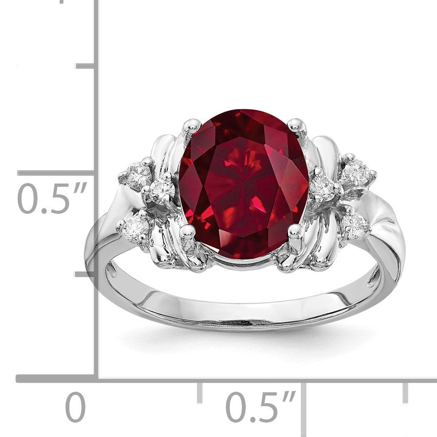 14k White Gold 10x8mm Oval Lab-Created Ruby and 1/10 carat AA Diamond Ring