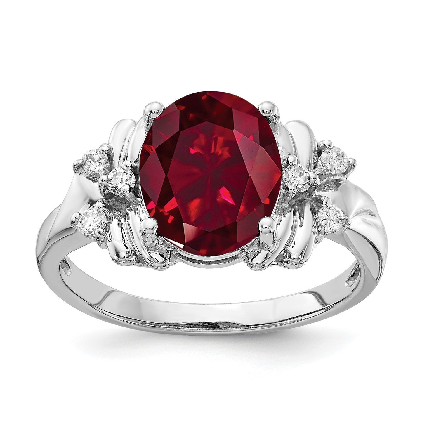 14k White Gold 10x8mm Oval Lab-Created Ruby and 1/10 carat AA Diamond Ring