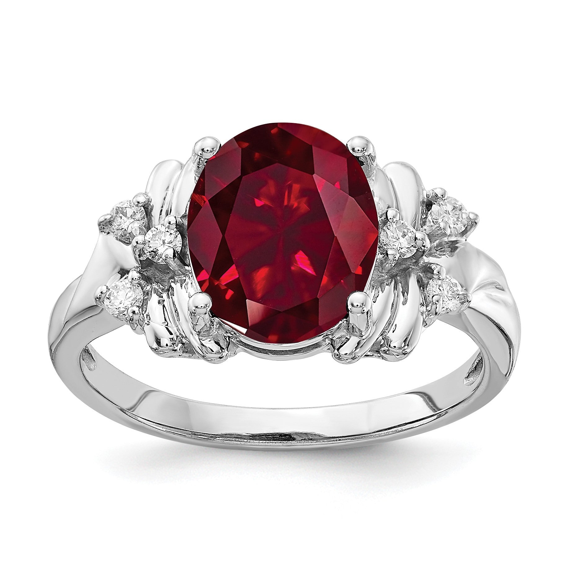 14k White Gold 10x8mm Oval Lab-Created Ruby and 1/10 carat AA Diamond Ring